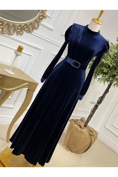 Drape Toka Kemer Kadife Elbise 3691 Lacivert