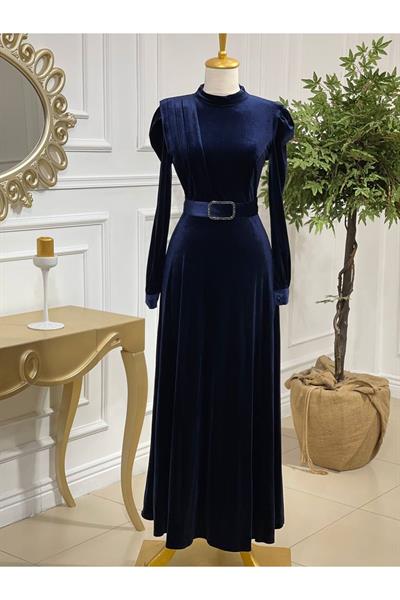 Drape Toka Kemer Kadife Elbise 3691 Lacivert