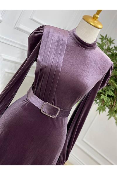 Drape Toka Kemer Kadife Elbise 3691 Leylak