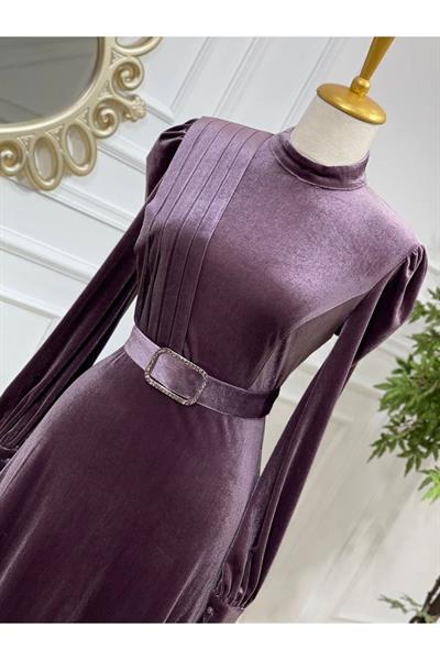 Drape Toka Kemer Kadife Elbise 3691 Leylak