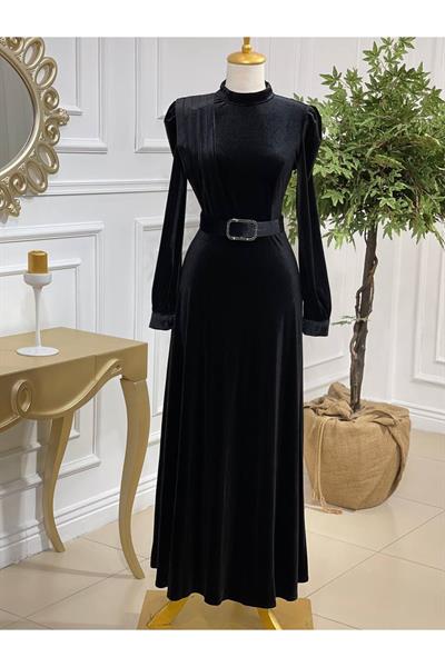 Drape Toka Kemer Kadife Elbise 3691 Siyah