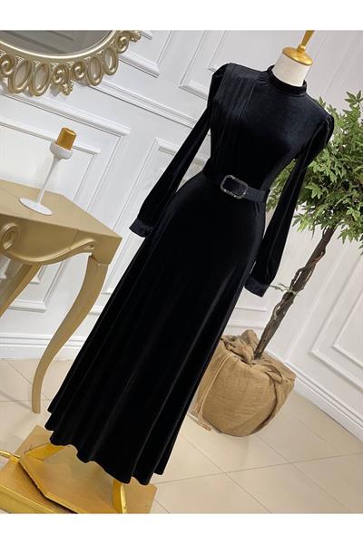 Drape Toka Kemer Kadife Elbise 3691 Siyah