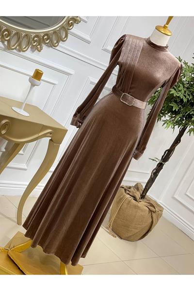 Drape Toka Kemer Kadife Elbise 3691 Vizon