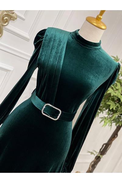 Drape Toka Kemer Kadife Elbise 3691 Zümrüt Yeşil