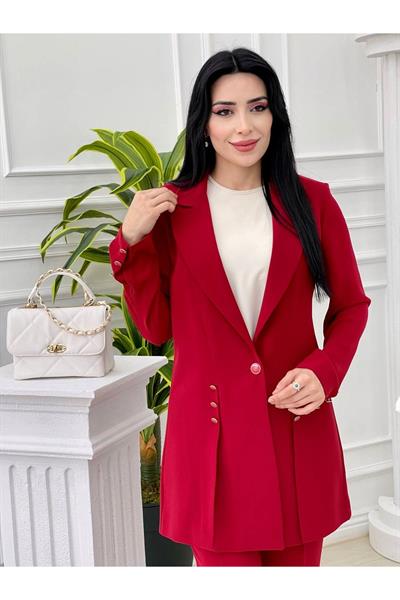 Düğme Detay 3 lü Takım 7018 Kırmızı