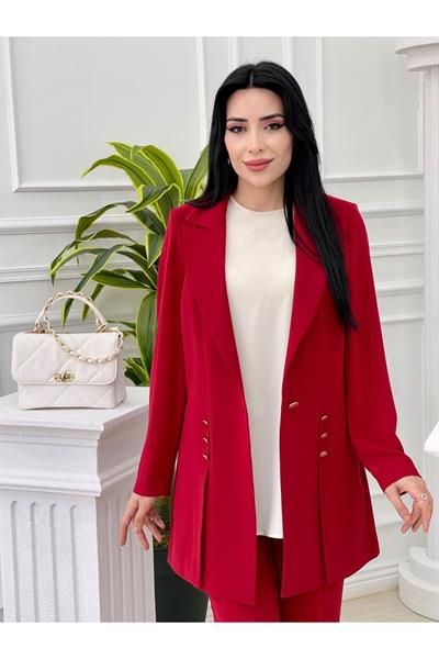 Düğme Detay 3 lü Takım 7018 Kırmızı