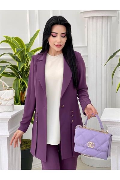 Düğme Detay 3 lü Takım 7018 Leylak