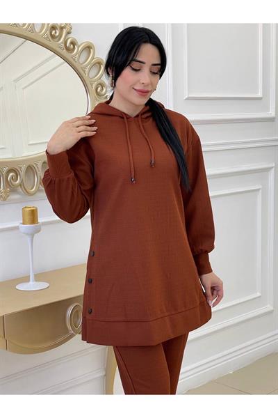 Düğme Detay Tunik Takım 8002 Kiremit