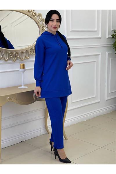 Düğme Detay Tunik Takım 8002 Saks