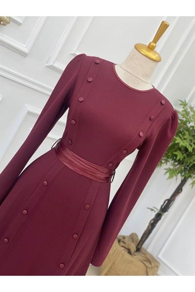 Düğme Şerit Örme Elbise 3155 Bordo
