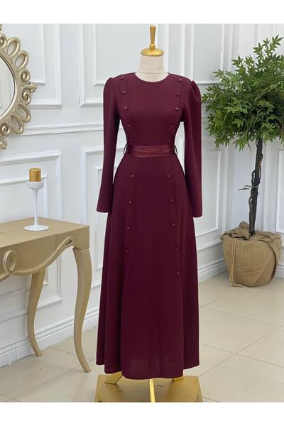 Düğme Şerit Örme Elbise 3155 Bordo