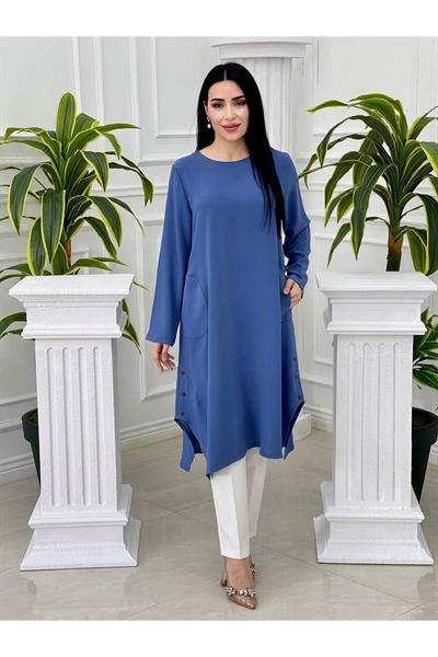 Düğmeli Ayrobin Tunik 7455 Mavi