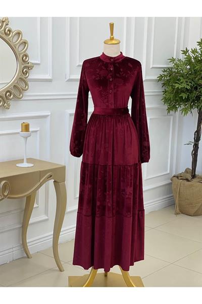 Düğmeli Baskı Kadife Elbise 1247 Bordo