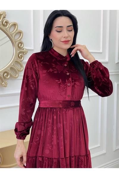 Düğmeli Baskı Kadife Elbise 1247 Bordo