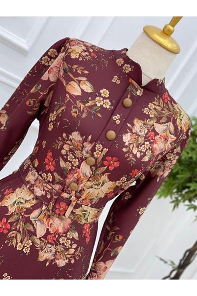 Düğmeli Çiçek Desen  Elbise  3230 Bordo