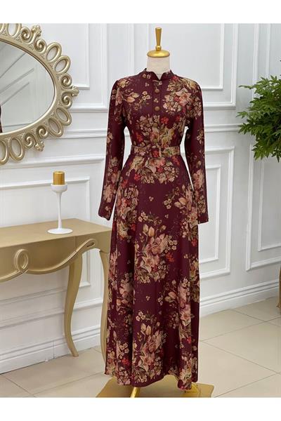 Düğmeli Çiçek Desen  Elbise  3230 Bordo