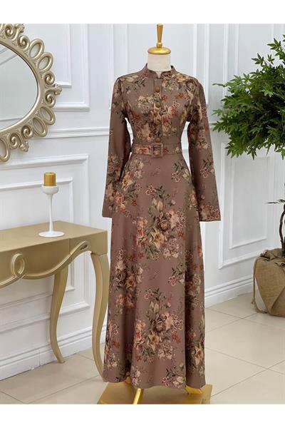 Düğmeli Çiçek Desen  Elbise  3230 Vizon