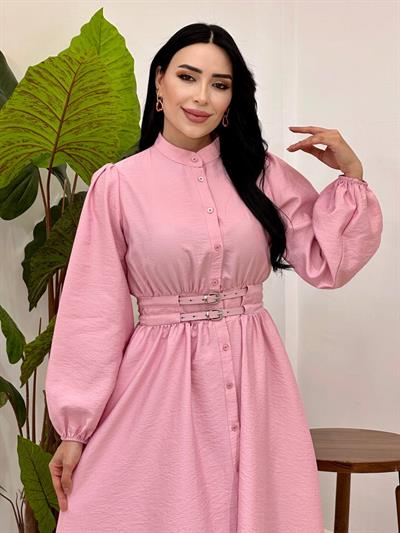 Düğmeli Çift Kemer Keten Elbise 20658 T-25 pembe