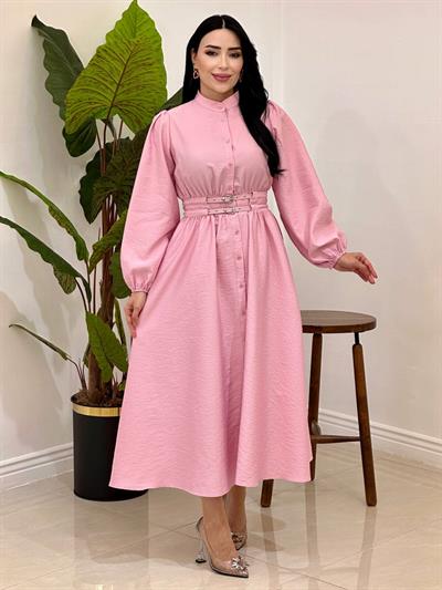 Düğmeli Çift Kemer Keten Elbise 20658 T-25 pembe