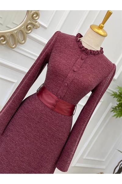 Düğmeli Deri Kemer Elbise 3159 Bordo