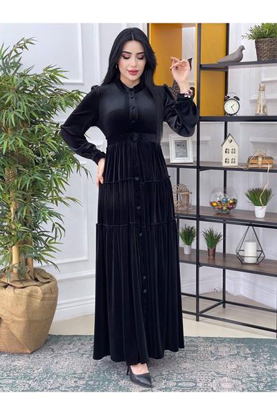 Düğmeli Kat Kat Kadife Elbise 3212 Siyah