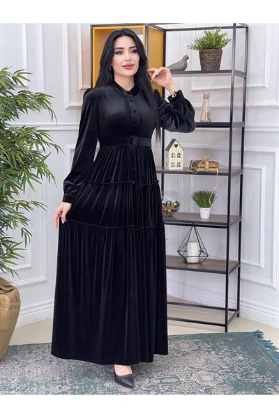 Düğmeli Kat Kat Kadife Elbise 3212 Siyah