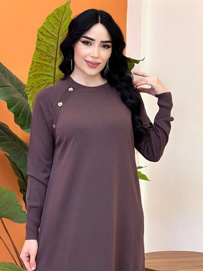 Düğmeli Reklan Kol Elbise 140307 T-25 Kahverengi
