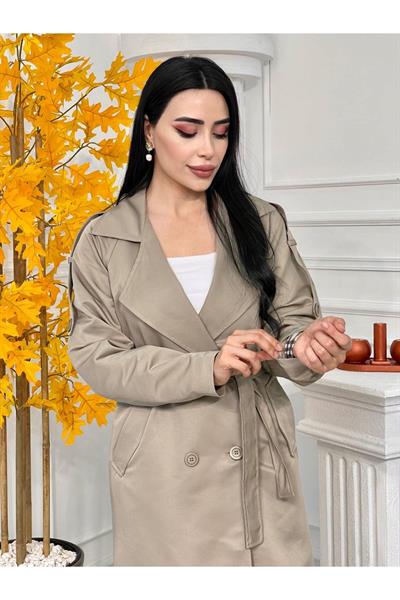 Ekose Detay Çift Düğme Trenç Kot 3152-Taş