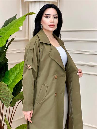 Ekose Detay Çift Düğme Trenç Kot 3152-Haki