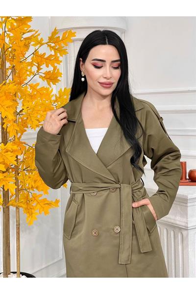 Ekose Detay Çift Düğme Trenç Kot 3152-Haki