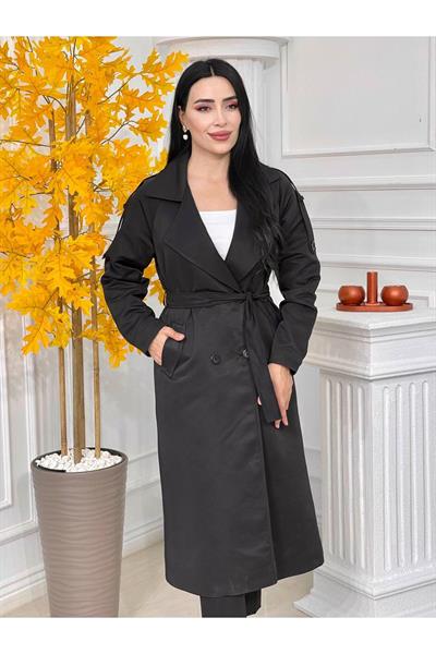 Ekose Detay Çift Düğme Trenç Kot 3152-Siyah