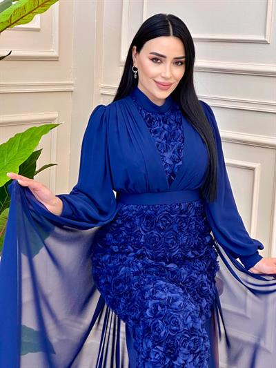 Eteği Çiçek Pelerinli Elbise 4689 E-25 Lacivert