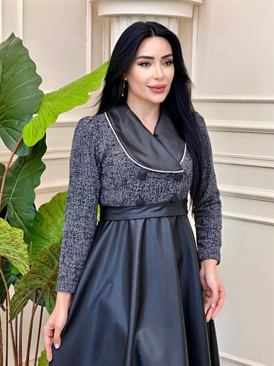 Eteği Deri Çift Düğme Elbise 0411 t-24 Siyah