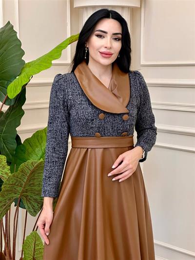 Eteği Deri Çift Düğme Elbise 0411 t-24 Gri-Taba