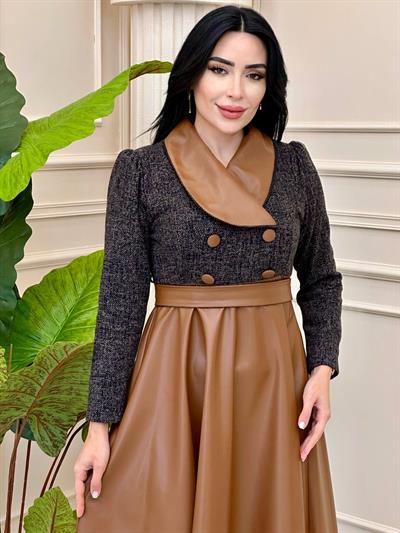 Eteği Deri Çift Düğme Elbise 0411 t-24 Kahve-Taba