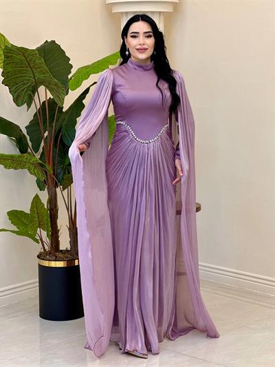 Eteği Drape Kol Pelerin Elbise 0711 T-25 Leylak