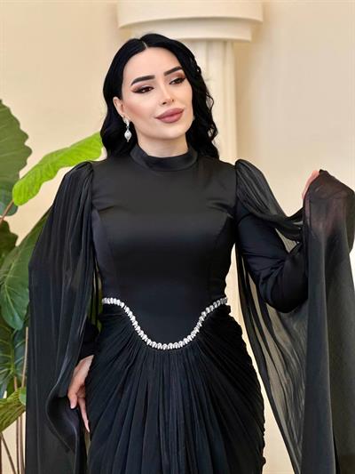 Eteği Drape Kol Pelerin Elbise 0711 T-25 Siyah