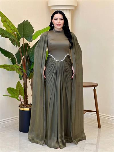 Eteği Drape Kol Pelerin Elbise 0711 T-25 Haki
