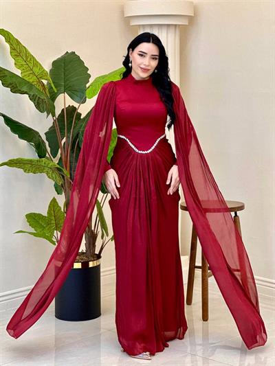 Eteği Drape Kol Pelerin Elbise 0711 T-25 Bordo