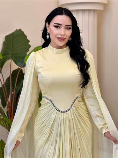 Eteği Drape Kol Pelerin Elbise 0711 T-25 Sarı