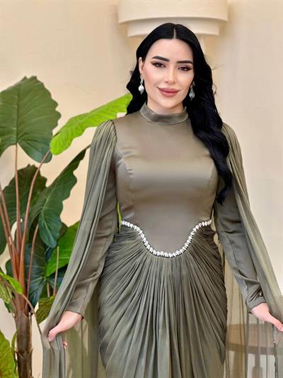 Eteği Drape Kol Pelerin Elbise 0711 T-25 Haki