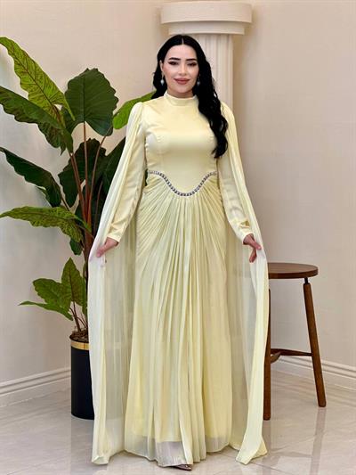 Eteği Drape Kol Pelerin Elbise 0711 T-25 Sarı