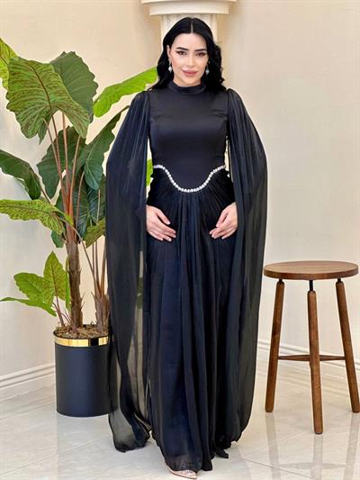 Eteği Drape Kol Pelerin Elbise 0711 T-25 Siyah