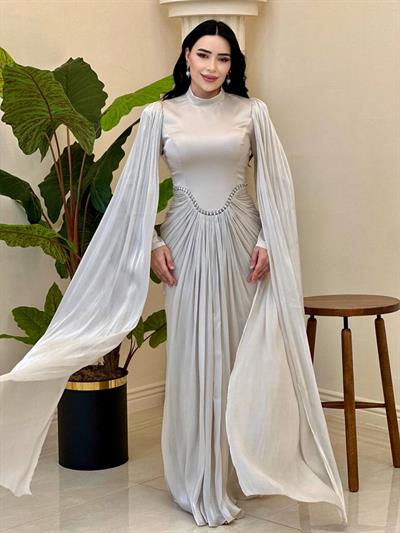 Eteği Drape Kol Pelerin Elbise 0711 T-25 Taş