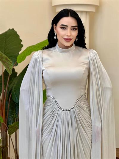 Eteği Drape Kol Pelerin Elbise 0711 T-25 Taş