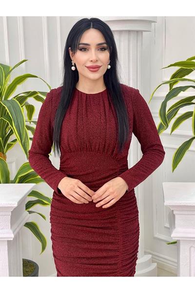 Eteği Drape Simli Elbise 2407 Bordo