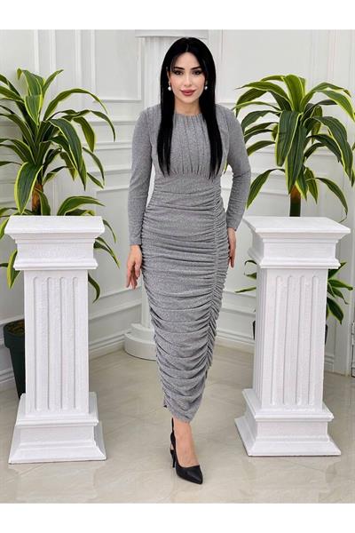 Eteği Drape Simli Elbise 2407 Gri