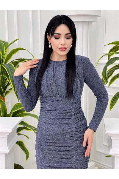Eteği Drape Simli Elbise 2407 Lacivert