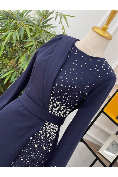 Eteği İncili Elbise 1078-Lacivert