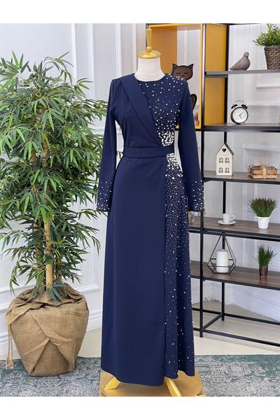 Eteği İncili Elbise 1078-Lacivert